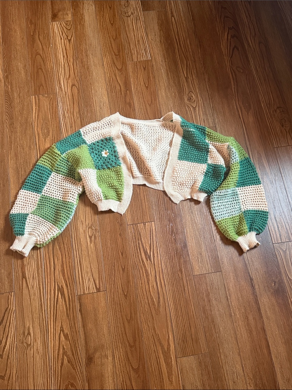 Crochet Open-Front Bolero Shrug - Cream & Green Patchwork